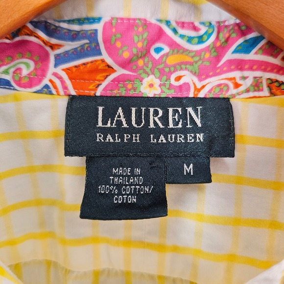 Lauren Ralph Lauren Yellow White Windowpane Paisley Flip Cuff Cotton Shirt M - Picture 3 of 7